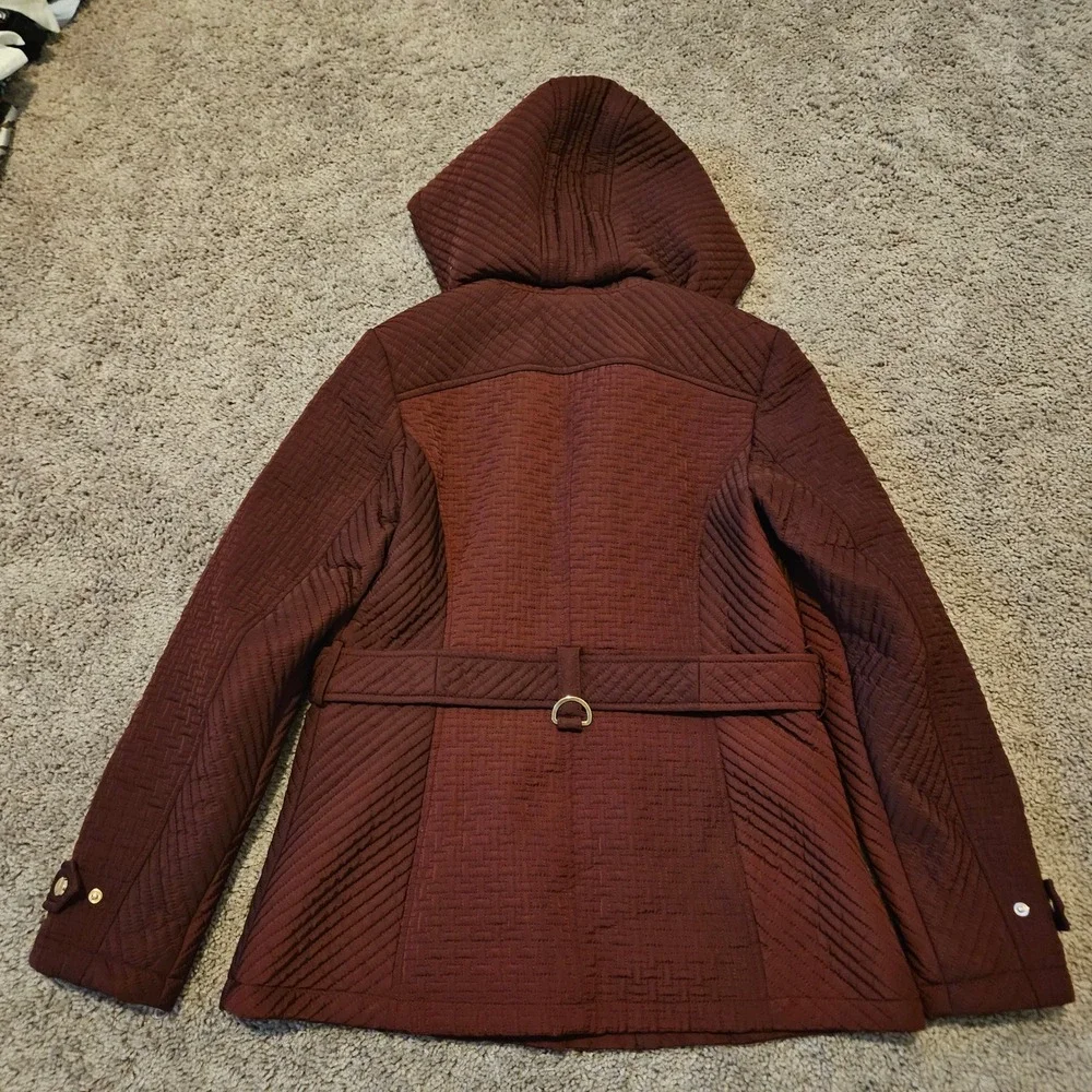 Jones New York Quilted‎ Jacket Size S Burgundy Hooded Parka Coat Barn Fall